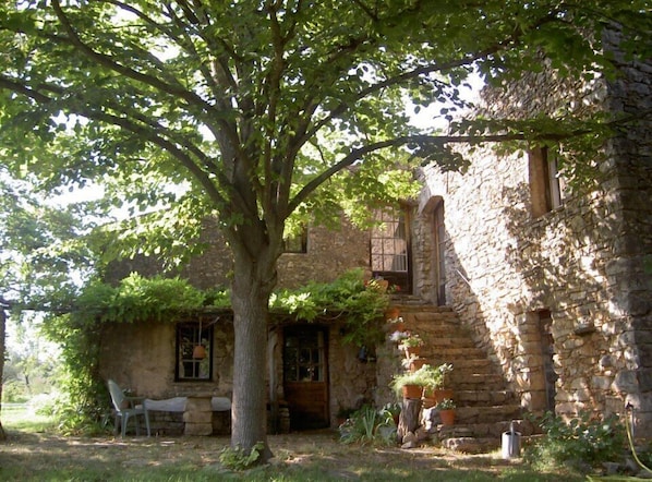 Front of house, south, shaded by big linden tree in summer, sunshine in winter..