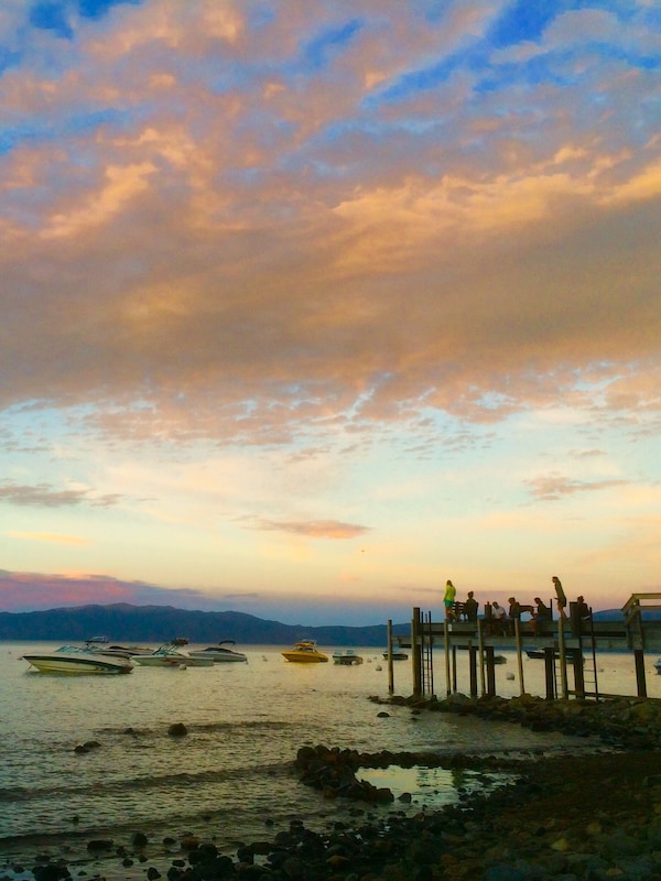 Year 2015, lowest water level, Sunset from our beach with our pier..