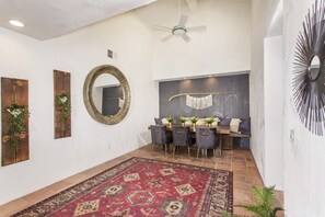 Vaulted ceilings in large dining room