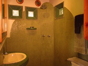 Tile shower with gas hot water, rain shower head