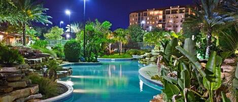 View of the lazy river at night.