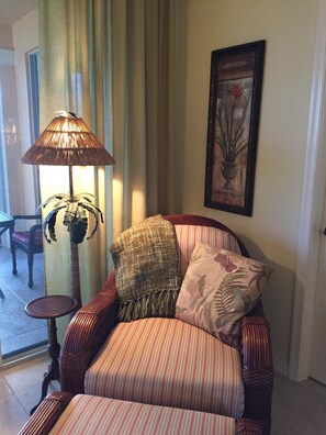 Living room chair and ottoman.  Great for curling up and reading.