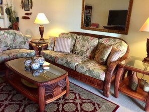 Living Room seats six comfortably.  Large screen television.