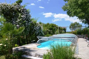 Solar heated pool with mobile roof