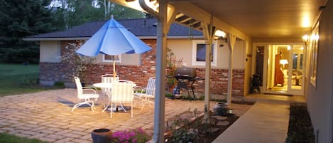 Exterior view of large Patio and front entrance.
