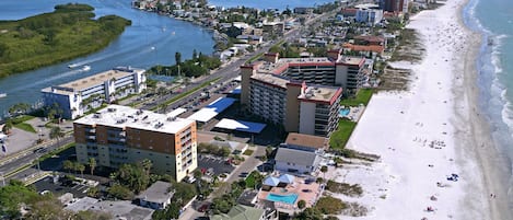 Aerial view of Redington Shores. Our building is the two toned rust and yellow.