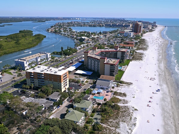 Aerial view of Redington Shores. Our building is the two toned rust and yellow.