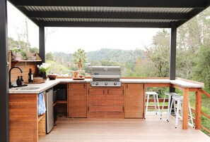 The outdoor kitchen with BBQ, sink and refrigerator.
