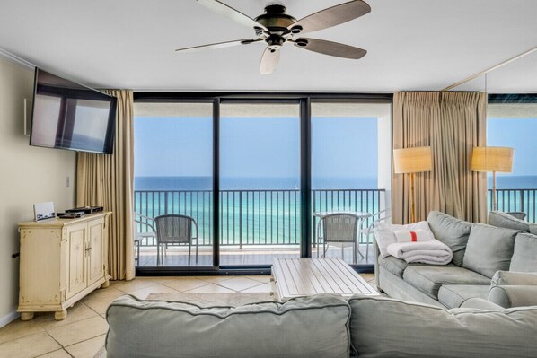 Beautiful beach views from the open living area - large smart TV.