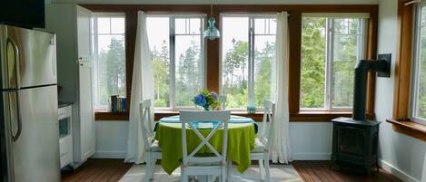 Dining area enjoys long views of Blue Hill Bay, and Swans Island.