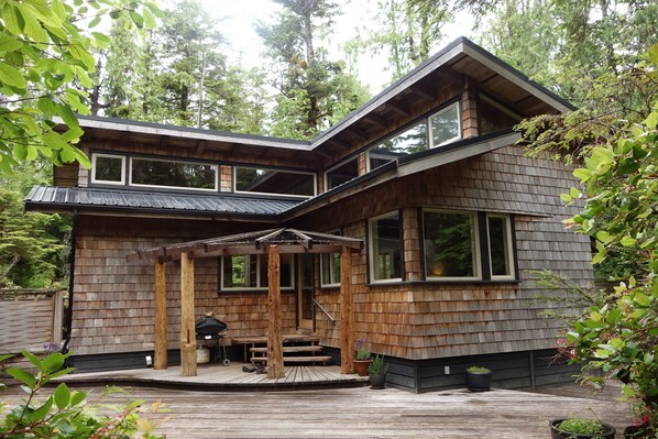 Timber frame home tucked in the west coast rainforest of Tofino BC.