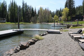 pea gravel beach area with walk in rock stairs