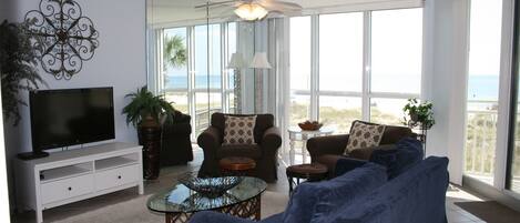 Bright, comfortable, spacious! Floor to ceiling windows w/full gulfront view
