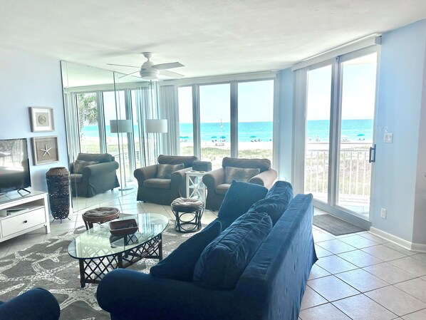 Light filled LR with breathtaking gulf view through new floor to ceiling windows
