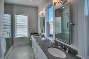 Master bath--two sinks and a separate vanity with a make-up mirror