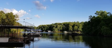 View from the dock of the cove and outward toward the channel. 