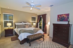 Large Mater Bedroom, King bed with sliding door access to hot tub, pool and view