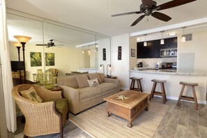 Living room looking into kitchen