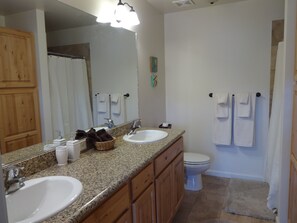 Master bathroom with double sinks and walk in shower.