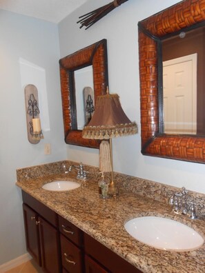 Master Bath, granite with double sinks, shower, and tile floors