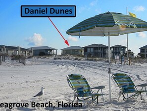 View of house from beach. House located on small gated cul-de-sac off a dead-end street