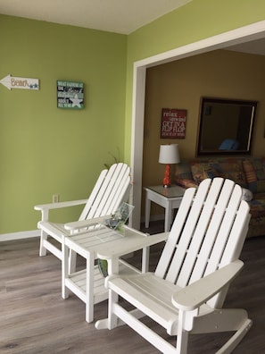 Comfy Adirondack chairs, 1 rocker, 1 child chair, to enjoy dolphin watching!