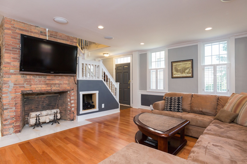 Living Room of a New Hampshire vacation rental in Portsmouth with fireplace and big screen tv