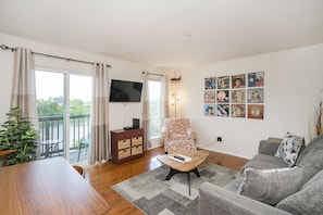 living room with queen size sleeper sofa and beautiful view of the river!