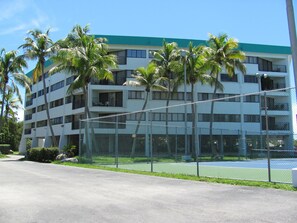 view of the building from the tennis court