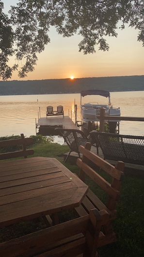 View of the lake with picnic table 