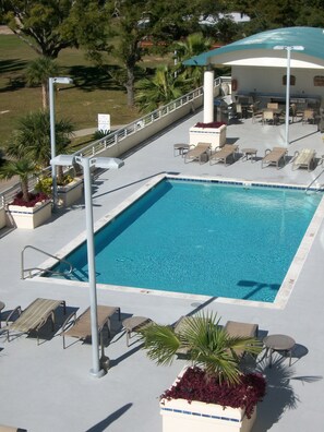THE HEATED POOL IS ON THE 3RD. FLOOR, WITH A SHADED AREA AND VIEW OF THE BEACH