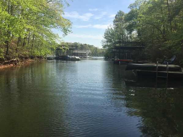 Beautiful view of Lake Lanier in a quiet cove with deep water for water activity