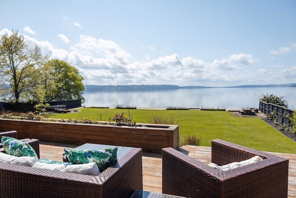Deck overlooking the land, beach and lake