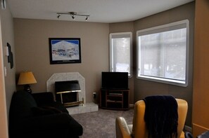 Living room with fireplace and double sofa bed