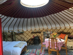 Yurt interior view with Yötel woodburner