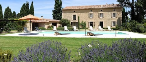 Extérieur : piscine 12/5, plage dallée, pelouse, cour, pièces extérieures ... 