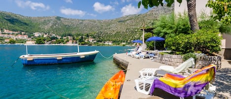 Private waterfront with sunbeds and umbrellas with no additional cost