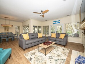 Living Room with Access to Back Deck and Screened Porch at 2 Pine Court