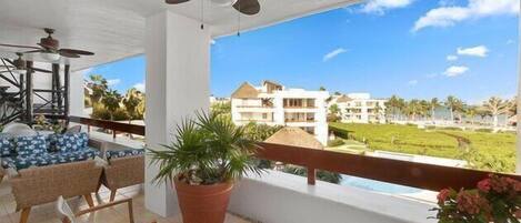 The terrace has super comfortable seating and an amazing ocean view