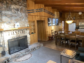 Fireplace and open kitchen