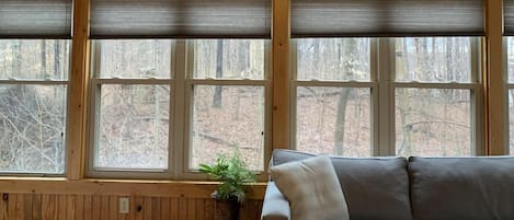 vaulted great room with lake view