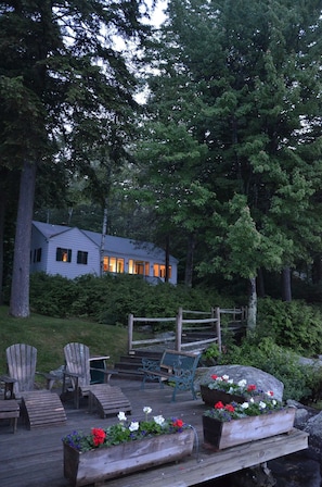 Nighttime view of cottage