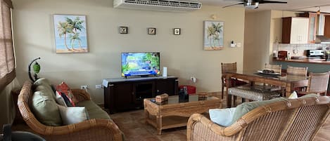 Living Room with Ceiling Fans and A/C