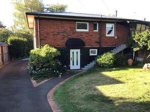 Entry door with electronic keypad.