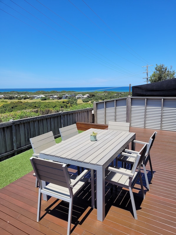 Sunny deck looking onto the beach, Point Lonsdale lighthouse & Bergola Wetlands