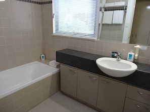 Bath with shower over. Separate toilet