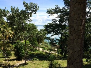 The lake is 60 steps down. That path downstairs is private.