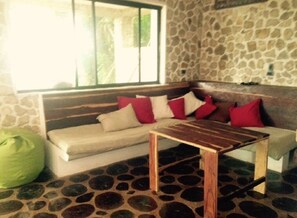 Corner sofa with two 7ft/2m mattresses can sleep 2 more people if needed