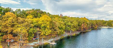 Lakeberry's Breathtaking Lakefront Panorama of Fall Foliage.Sister Old Mallard Lakefront home on the right, both private docks. Boat to the Beach!