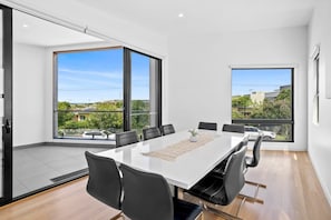 A beautiful dining table seats 10 people. 